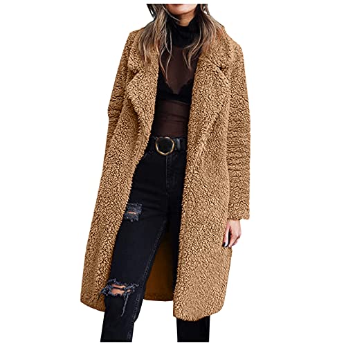 Damen Mantel Revers Faux Wolle Für Lose Langarm Jacke Outwear Einfarbig Offene Cardigan Lang Winterjacke Frauen Teddy-Fleece Coat Elegant Warm Fellmantel Wintermantel Parka Trenchcoat (Braun, S) von Generic