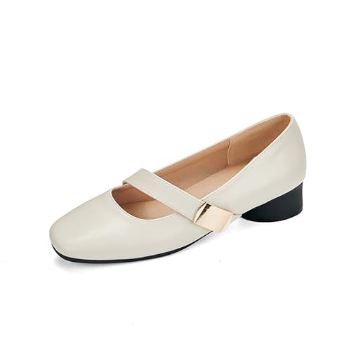 Damen Mary Jane Pumps Quadratischer Zeh Kunstleder Schnalle Blockabsätze Slip on Büro Arbeit Kleid Freizeitschuh,Off White,38.5 EU von Generic