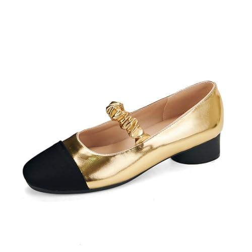 Damen Mary Jane Pumps Quadratischer Zeh Metallisch Farbblock Geriffelte Schnalle Blockabsätze Slip on Abendkleid Party Prom Schuhe,Gold,42.5 EU von Generic