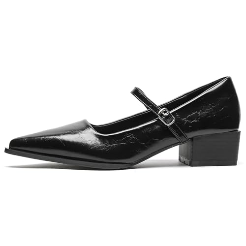 Damen Mary Jane Pumps mit Schimmer-Textur - Spitze & Riegelverschluss, Glattleder für formelle Anlässe,Schwarz,38 EU von Generic