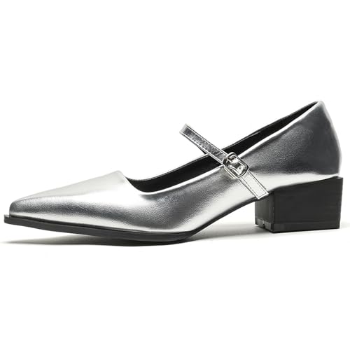 Damen Mary Jane Pumps mit Schimmer-Textur - Spitze & Riegelverschluss, Glattleder für formelle Anlässe,Silber,38 EU Damen Mary Jane Pumps mit Schimmer-Textur - Spitze & Riegelverschluss, Glattleder für formelle Anlässe,Silber,38 EU von Generic