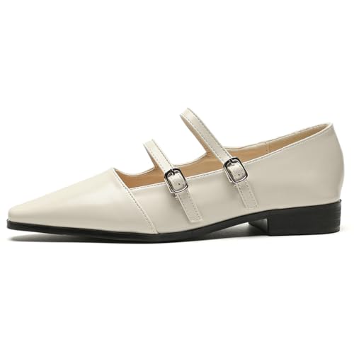 Damen-Mary Jane Schuhe Mit Doppeltem Riemen, Spitze Zehen Mit Schnalle - Erhältlich in Aprikose, Schwarz und Burgunder,Apricot,38 EU von Generic
