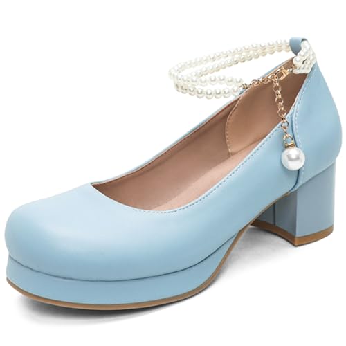 Damen Mary Jane Schuhe mit Doppeltem Perlen Knöchelriemen & Perlen Akzenten Plateau Runde Kappe PU Leder rutschfeste Gummisohle Niedriger Schaft Blockabsatz Alltagspumps EU Größe 34-48,Blau,41 EU Damen Mary Jane Schuhe mit Doppeltem Perlen Knöchelriemen & Perlen Akzenten Plateau Runde Kappe PU Leder rutschfeste Gummisohle Niedriger Schaft Blockabsatz Alltagspumps EU Größe 34-48,Blau,41 EU von Generic
