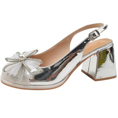 Damen Mary Jane Slingback Sandalen Blockabsatz Chunky Weite Passform Runde Zehe Pumps Abendschuhe Hochzeitschuhe Mit Perlen Und Kristall Schleifen Für Täglichen Tragen Und Büro,Apricot Silver,41 EU von Generic