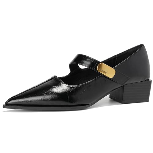 Damen Mary Jane mit Spitze und Textur - Schwarz Lackleder, Blockabsatz mit Goldakzent, für Büro und formelle Anlässe,Schwarz,37 EU von Generic