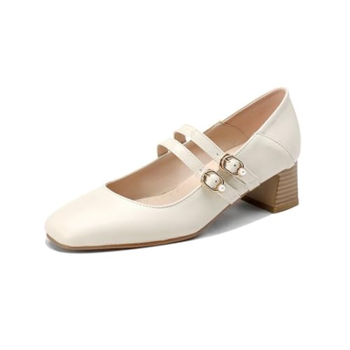 Damen Mary Janes Mit Doppelriemen Niedriger Blockabsatz Quadratische Zehen Bequem PU Leder Obermaterial rutschfest Slip On Strapazierfähig Büro Kleid Schuhe,Beige,37 EU von Generic