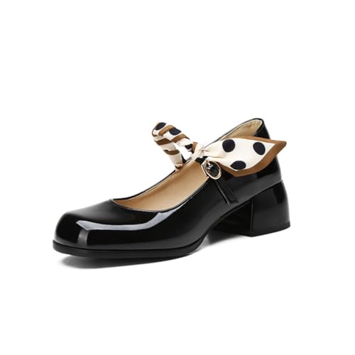 Damen Mary Janes Mit Polka Dot Band PU Leder Obermaterial Quadratische Spitze Niedrige Klobige Blockabsätze Knöchelriemen Slip On Schuhe,Schwarz,38.5 EU von Generic