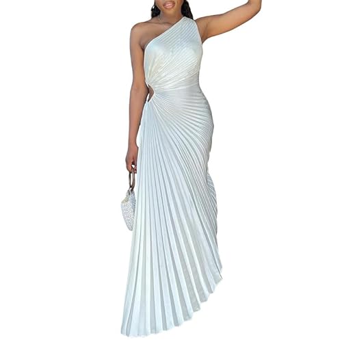Damen-Maxikleid mit One-Shoulder-Einschulter in Metallic-Optik, Plissiertes Maxikleid mit Ausschnitt in der Taille Damen-Maxikleid mit One-Shoulder-Einschulter in Metallic-Optik, Plissiertes Maxikleid mit Ausschnitt in der Taille von Generic