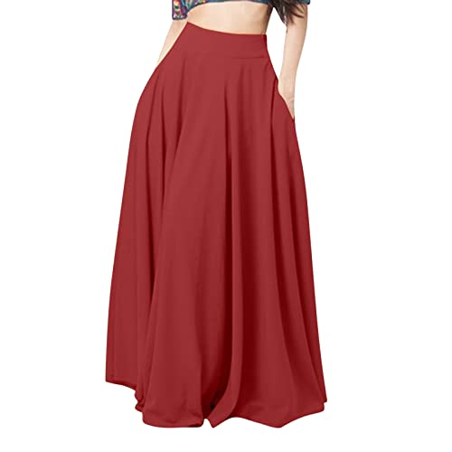 Damen Maxirock High Waist Langer A-Linie Rock mit Taschen Layer Elastische Female Freizeitrock Einfarbig Langrock Taille Skirt Frauen Swing-Rock Retro Vintage Faltenrock (Red, XXL) von Generic