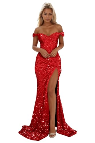 Damen Meerjungfrau schulterfrei Langes Ballkleid Glitzernde Pailletten Abendgarderobe mit Schlitz Red M von Generic