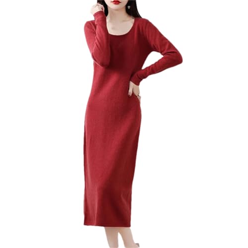 Damen Merino Wolle Strickkleid Herbst Winter Lang Gestreift Rundhals Overknee Pullover, rot, XX-Large von Generic