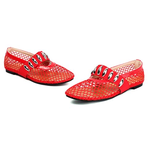 Damen Mesh Ballerinas Schuhe Schwarz Mesh Ballerinas Schnalle Riemen Runde Zehe Mary Jane Ballerina Schuhe für Events Party Freizeit,Rot,37 EU von Generic