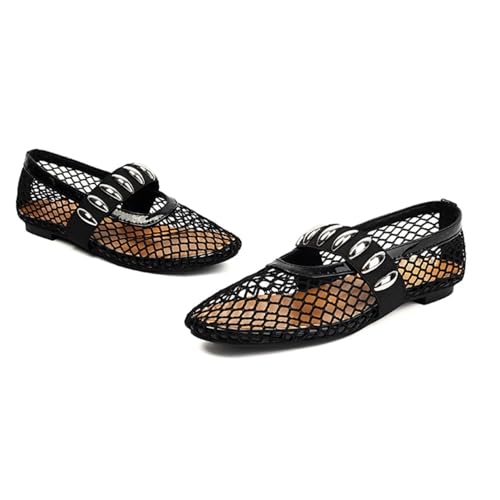 Damen Mesh Ballerinas Schuhe Schwarz Mesh Ballerinas Schnalle Riemen Runde Zehe Mary Jane Ballerina Schuhe für Events Party Freizeit,Schwarz,38 EU von Generic