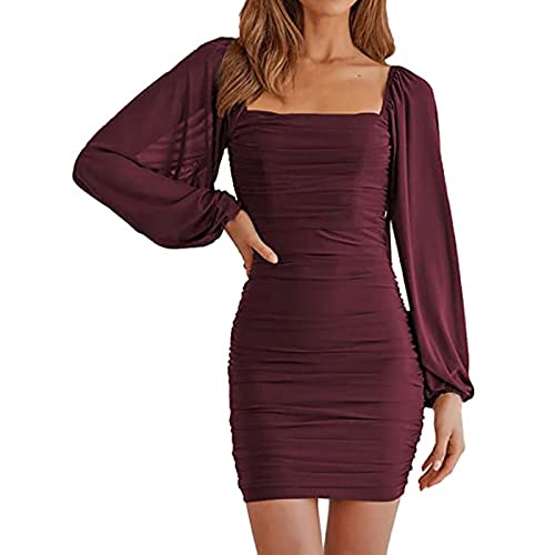 Damen Mesh Langarm Square Neck Rüschen Party Club Cocktail Bodycon Mini Kleid von Generic