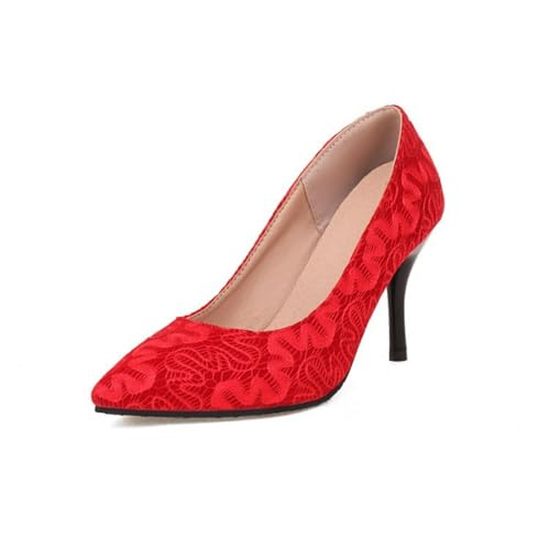 Damen Mesh Spitze High Heels Schuhe Spitz Zehen Kleid Pumps Für Partei Abschlussball Hoher Pfennigabsatz Court Schuhe,Rot,36 EU von Generic