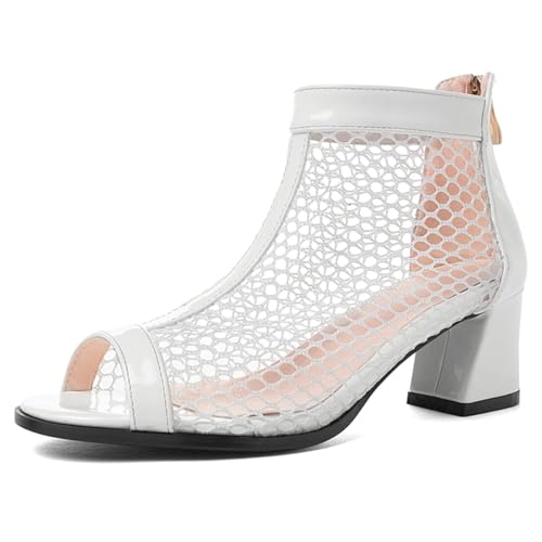 Damen Mesh Stiefeletten Mittlere Schafthöhe Peep-Toe Blockabsatz 5.5cm PU & Netzstoff rutschfeste Gummisohle Atmungsaktives Futter Hinterer Reißverschluss Street Style,Weiß,47 EU von Generic