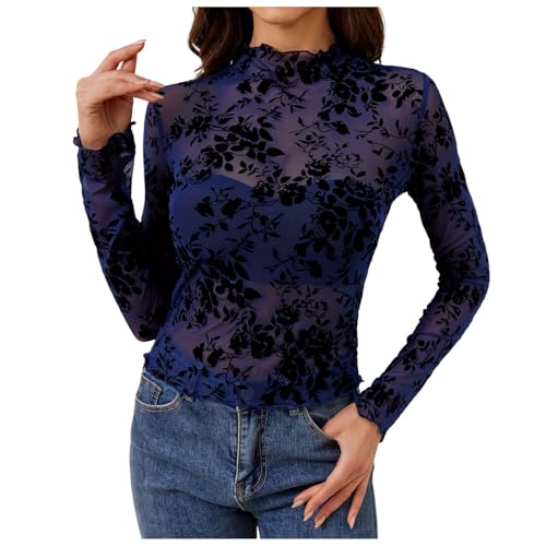 Damen Mesh-Top Spitze Transparente Netzbluse Transparentes Hemd Schwarz Damen Transparentes Netz Langarm Spitze Blumenmuster Stehkragen Transparent Langarm Leicht Lagenlook Pullover (Navy, XXL) von Generic