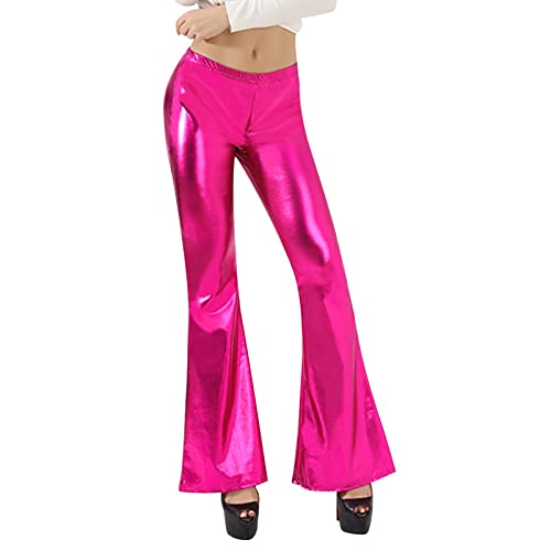 Damen Metallic Glänz Schlaghose Weite Bein Palazzo Hosen Hoher Bund Boot Cut Glitzer Lange Hose Schlanke Leggins Einfarbig Wet Look Stretch Leggings Tanzhosen Party Disco Clubwear (Hot Pink, L) von Generic