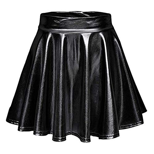 Damen Metallic Glitzer Mini Röcke Rave Rock Barbieer Kleidung Glänzend Nachtklub Faltenrock Skater Pleated Rock Cosplay Kostüm Wetlook für 80er Festival Karneval Halloween Faschingkostüm (Black, S) von Generic