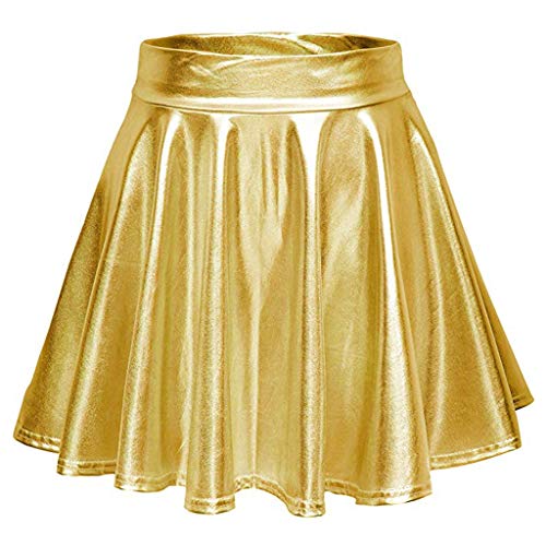 Damen Metallic Glitzer Mini Röcke Rave Rock Barbieer Kleidung Glänzend Nachtklub Faltenrock Skater Pleated Rock Cosplay Kostüm Wetlook für 80er Festival Karneval Halloween Faschingkostüm (Gold, L) von Generic