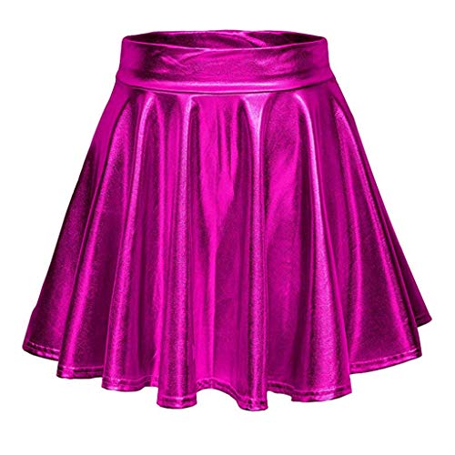 Damen Metallic Glitzer Mini Röcke Rave Rock Barbieer Kleidung Glänzend Nachtklub Faltenrock Skater Pleated Rock Cosplay Kostüm Wetlook für 80er Festival Karneval Halloween Faschingkostüm (Hot Pink, S) von Generic