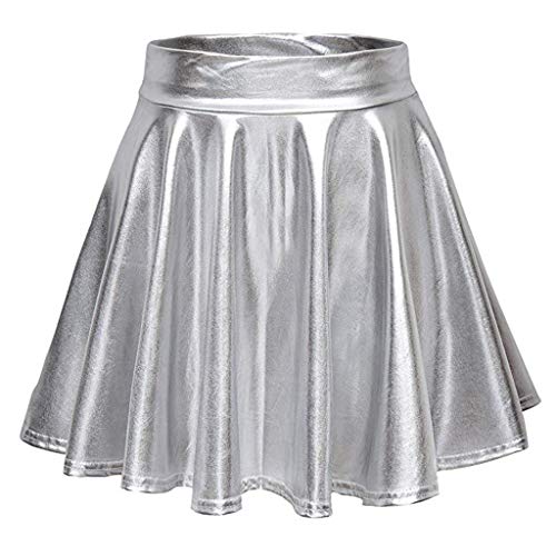 Damen Metallic Glitzer Mini Röcke Rave Rock Barbieer Kleidung Glänzend Nachtklub Faltenrock Skater Pleated Rock Cosplay Kostüm Wetlook für 80er Festival Karneval Halloween Faschingkostüm (Silver, S) von Generic