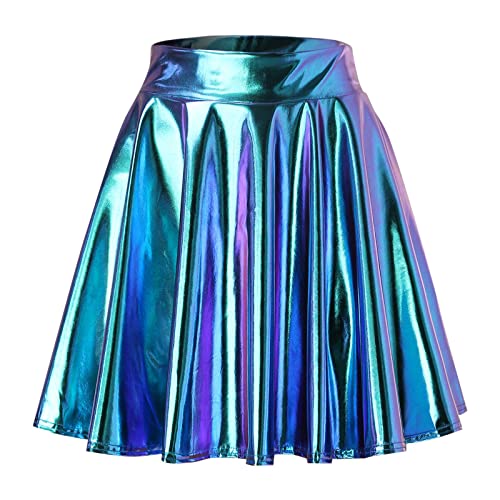 Damen Metallic Glitzer Mini Röcke Rave Rock Barbieer Kleidung Glänzend Nachtklub Faltenrock Skater Pleated Rock Cosplay Kostüm für 80er Festival Karneval Halloween Faschingkostüm (ZZzx1-Sky Blue, M) von Generic