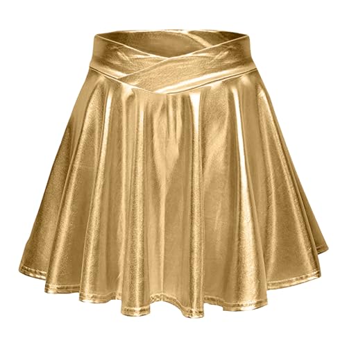 Damen Metallic Glitzer Mini Röcke Rave Rock Barbieer Kleidung Glänzend Nachtklub Faltenrock Skater Pleated Rock Cosplay Kostüm für 80er Festival Karneval Halloween Faschingkostüm (ZZzx2-Gold, XS) von Generic