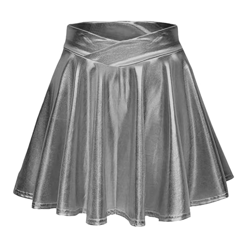 Damen Metallic Glitzer Mini Röcke Rave Rock Barbieer Kleidung Glänzend Nachtklub Faltenrock Skater Pleated Rock Cosplay Kostüm für 80er Festival Karneval Halloween Faschingkostüm (ZZzx2-Grey, M) von Generic