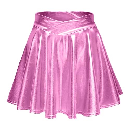 Damen Metallic Glitzer Mini Röcke Rave Rock Barbieer Kleidung Glänzend Nachtklub Faltenrock Skater Pleated Rock Cosplay Kostüm für 80er Festival Karneval Halloween Faschingkostüm (ZZzx2-Pink, XS) von Generic