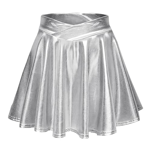 Damen Metallic Glitzer Mini Röcke Rave Rock Barbieer Kleidung Glänzend Nachtklub Faltenrock Skater Pleated Rock Cosplay Kostüm für 80er Festival Karneval Halloween Faschingkostüm (ZZzx2-Silver, XL) von Generic