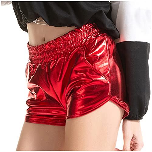 Damen Metallic Hotpants, Glänzende Shorts Lederleggings mit Hoher Taille, Glanz Leggings Eng Anliegende Kurze Hose für Tanz Sport Discokostüm Faschingkostüm Karneval (Red #1, S) von Generic