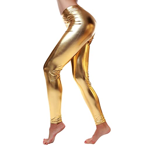 Damen Metallic Leggings glänzende Hose mit hoher Taille Shiny Leggings im Wet Look für Party Tanz Disco Kostüm Karneval Metallic Leggings Glänzend Glitzer Hose High Waist Shiny (2-Yellow, XXL) von Generic