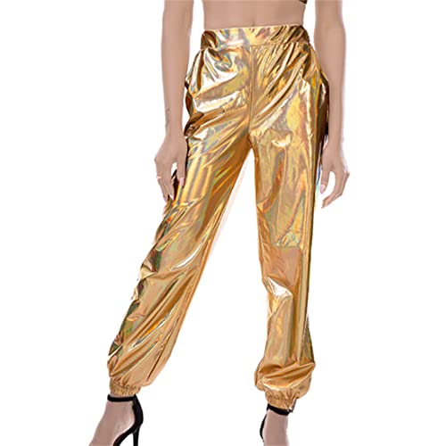 Damen Metallic Loose Jogginghose Hohe Taille Shiny Hip-Hop Hose Metallic GläNzed Streetwear Hologram Laser Hosen (S,Gelb) von Generic