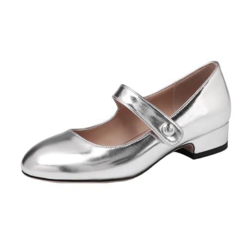 Damen Metallic Mary Janes Mit Einem Riemen Runde Zehe Niedrige Blockabsätze Silber Goldfarbenes Kleid Party Mode Schuhe,Silber,33 EU von Generic