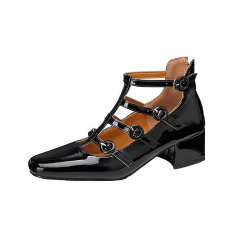 Damen Metallic Mary Janes Pumps mit quadratischer Zehenpartie und T-Riemen-Schnalle Chunky Blockabsatz Stilvolle Anzugschuhe für den Partyabend,Schwarz,37 EU von Generic