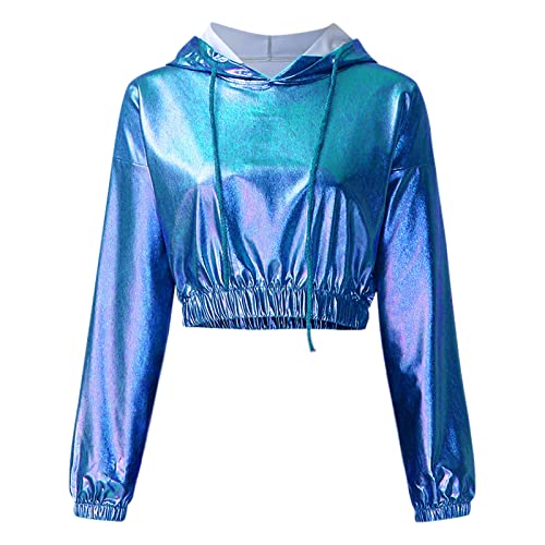 Damen Metallic Top Helles Leder Sexy Langarm Kapuzen Sweatshirt Pullover Cropped Sweatshirt (Blau, XL) von Generic