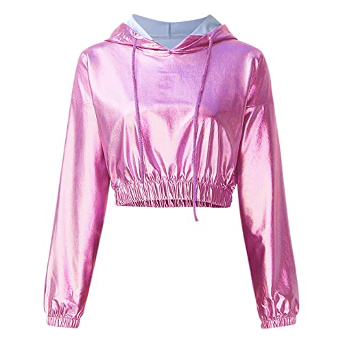 Damen Metallic Top Helles Leder Sexy Langarm Kapuzen Sweatshirt Pullover Cropped Sweatshirt (Rosa, M) von Generic