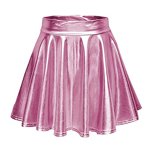 Damen Metallischer Faltenrock Mini Rock Stretch Skater Rocke Informell Mini Glocken Rock Hohe Taille Metallischer Faltenrock Party Club Kostüm Faltenrock für Damen Teenager Mädchen (Z04-Pink, XL) von Generic