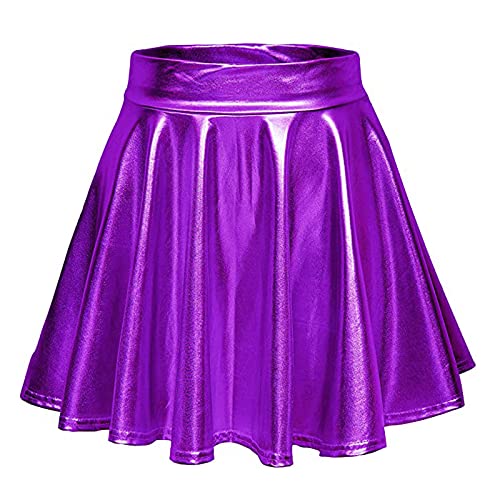 Damen Metallischer Faltenrock Mini Rock Stretch Skater Rocke Informell Mini Glocken Rock Hohe Taille Metallischer Faltenrock Party Club Kostüm Faltenrock für Damen Teenager Mädchen (Z06-Purple, XL) von Generic