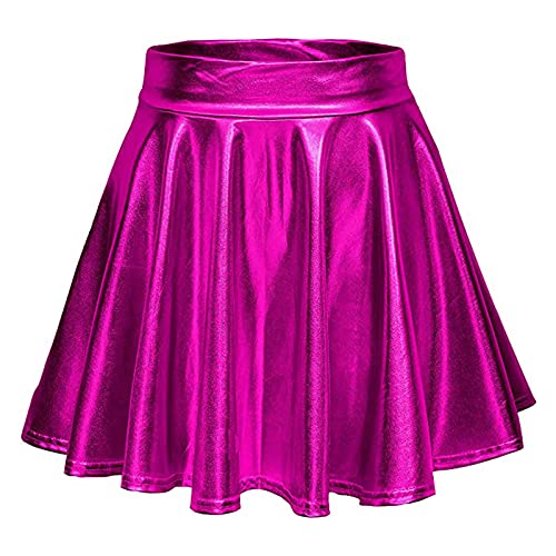 Damen Metallischer Faltenrock Mini Rock Stretch Skater Rocke Informell Mini Glocken Rock Hohe Taille Metallischer Faltenrock Party Club Kostüm Faltenrock für Damen Teenager Mädchen (Z09-Hot Pink, XL) von Generic