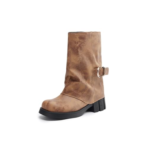Damen Mid Calf Stiefel Chunky Block Heels Runde Zehe Slip On Retro Freizeitschuhe mit Schnalle Kurze Stiefeletten Schwarze Knöchelschuhe für die Abendparty,Gelb,41 EU Damen Mid Calf Stiefel Chunky Block Heels Runde Zehe Slip On Retro Freizeitschuhe mit Schnalle Kurze Stiefeletten Schwarze Knöchelschuhe für die Abendparty,Gelb,41 EU von Generic