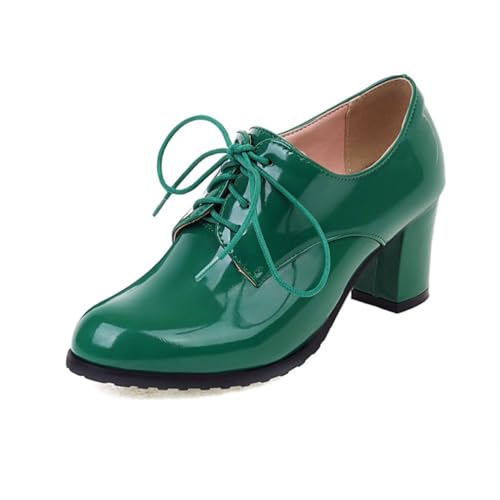 Damen Mid Chunky Block Oxfords Vintage Round Toe Brogues Leder Schnürschuhe Bequeme Businessschuhe für die Arbeit,Grün,38.5 EU von Generic