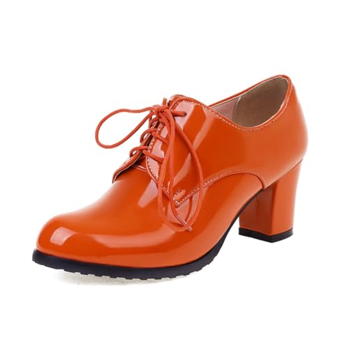 Damen Mid Chunky Block Oxfords Vintage Round Toe Brogues Leder Schnürschuhe Bequeme Businessschuhe für die Arbeit,Orange,42 EU von Generic