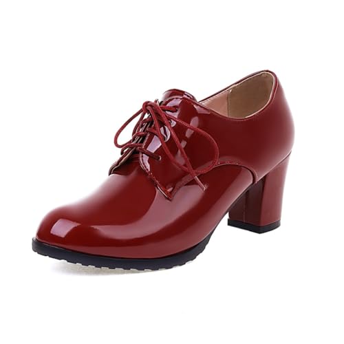 Damen Mid Chunky Block Oxfords Vintage Round Toe Brogues Leder Schnürschuhe Bequeme Businessschuhe für die Arbeit,Wine red,38.5 EU von Generic