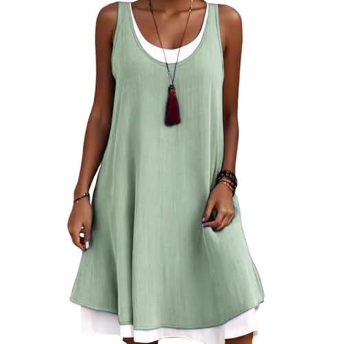 Damen-Midikleid aus Baumwollleinen, ärmelloses U-Ausschnitt-Midikleid in Knielänge, A-Linien-Tunika, Mini-Swing-Sommerkleid, lässiges Strand-Sonnenkleid (Green,XL) von Generic