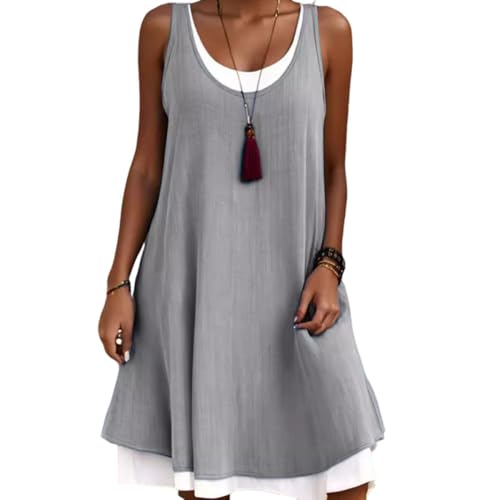 Damen-Midikleid aus Baumwollleinen, ärmelloses U-Ausschnitt-Midikleid in Knielänge, A-Linien-Tunika, Mini-Swing-Sommerkleid, lässiges Strand-Sonnenkleid (Grey,XL) von Generic