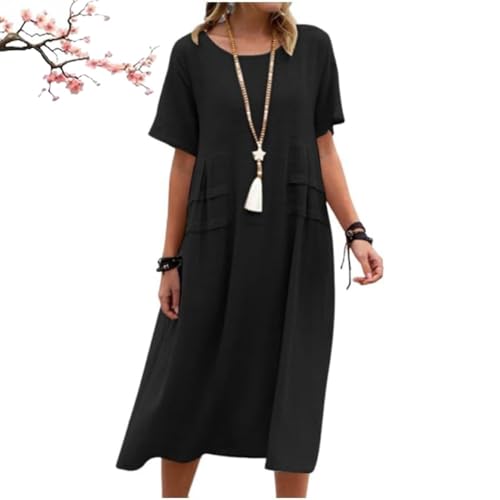 Damen-Midikleid aus Baumwollleinen mit Rundhalsausschnitt, lässiges Basic-Outdoor-Kleid mit Rundhalsausschnitt und Tasche, lässiges, kurzärmeliges Kleid mit lockerer Passform (Black,XL) von Generic