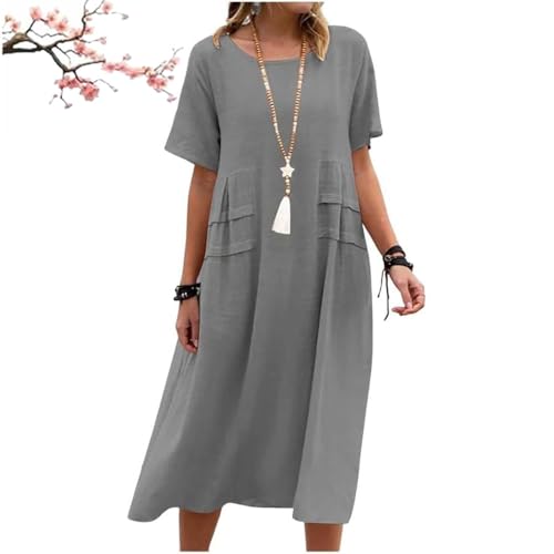 Damen-Midikleid aus Baumwollleinen mit Rundhalsausschnitt, lässiges Basic-Outdoor-Kleid mit Rundhalsausschnitt und Tasche, lässiges, kurzärmeliges Kleid mit lockerer Passform (Grey,M) von Generic