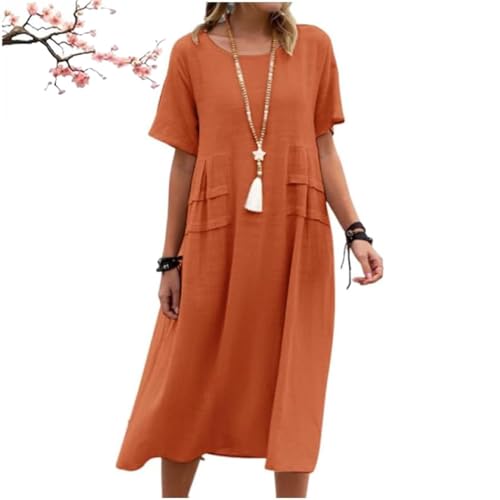 Damen-Midikleid aus Baumwollleinen mit Rundhalsausschnitt, lässiges Basic-Outdoor-Kleid mit Rundhalsausschnitt und Tasche, lässiges, kurzärmeliges Kleid mit lockerer Passform (Orange,XXL) von Generic